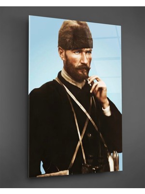 Marsilyan Mustafa Kemal Atatürk Portresi Mavi Fon Cam Tablo