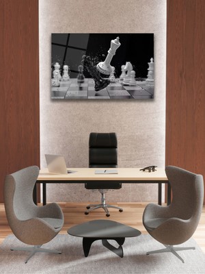 Marsilyan Satranç Şahların Savaşı Yatay Cam Tablo Ev Ofis Salon Duvar Dekoru Siyah Beyaz Hediyelik Büyük Tablo
