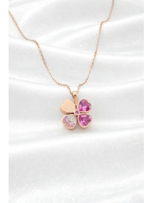 Çekirdek Jewelry 925 Ayar Gümüş Pembe Taşlı Taşlı Yonca Kolye