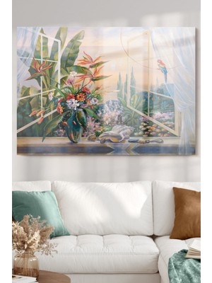 Marsilyan Çiçekli Vazo ve Doğa Manzarası | Manzara Temalı Cam Tablo | 50X70 cm