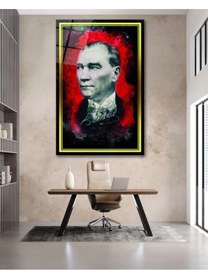 Marsilyan Sarı Çerçeve Görünümlü Atatürk Imzası Cam Tablo