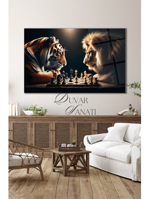 Marsilyan Aslan ve Kaplan Satranç Cam Tablo Modern Ev Ofis Salon Hediyelik Büyük Tablo Duvar Dekoru