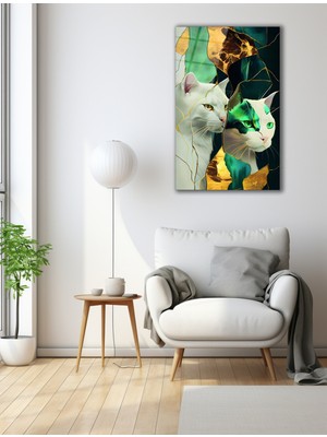 Marsilyan Mermer Desenli Kediler Cam Tablo