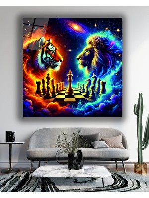 Marsilyan Aslan ve Kaplanın Satranç Düellosu Kare Cam Tablo