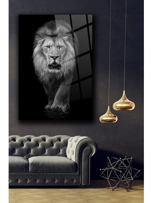 Marsilyan Siyah Beyaz Aslan Cam Tablo SIOCT028 | Hediyelik, Dekoratif, Ofis, Mutfak
