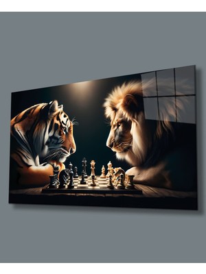 Marsilyan Satranç Ustaları Kaplan Vs Aslan Cam Tablo Yapay Zeka Hediyelik Büyük Tablo Ev Ofis Dekoru