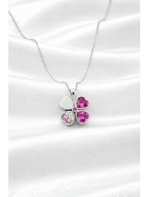 Çekirdek Jewelry 925 Ayar Gümüş Pembe Taşlı Taşlı Yonca Kolye