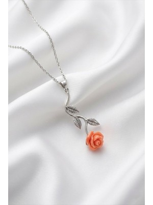 Çekirdek Jewelry 925 Ayar Gümüş Pembe Güllü Ters Kolye