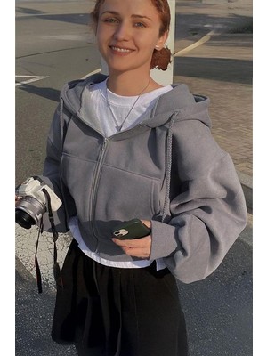 8line Füme Kalın Kumaş Kapüşonlu Y2K Harajuku Crop Hırka