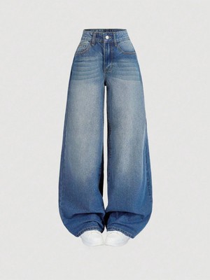 8line Mavi Yıkamalı Baggy Salaş Cepli Bol Kesim Kot Pantolon