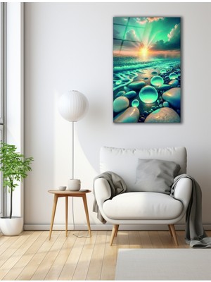 Marsilyan Günbatımında Parlayan Yeşil Çakıl Taşları Cam Tablo