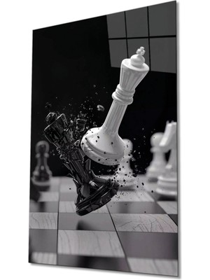 Marsilyan Satranç Siyah Beyaz Cam Tablo Hediyelik Büyük Tablo Ev Ofis Dekoru