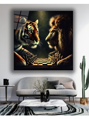Marsilyan Aslan ve Kaplanın Satranç Düellosu Kare Cam Tablo