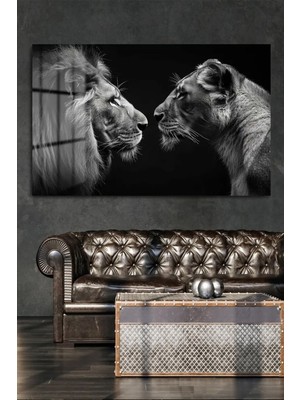 Marsilyan Dişi ve Erkek Aslan Ailesi Cam Tablo, Ev ve Ofis Hediyesi Yüksek Çözünürlüklü 4mm Cam Tablo