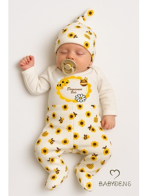 Babyden's Dayısının Balı Yazılı 3lü Yenidoğan Takımı Arı Desenli Patikli Alt,bere,çıtçıtlı Uzun Kollu Body