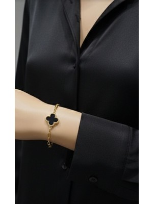 Hg.Aksesuar Kadın Siyah Mineli Yonca Detaylı Çelik Bileklik