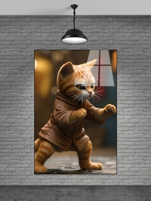 Marsilyan Tatlı Dövüşçü Kedi Cam Tablosu