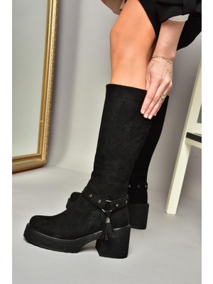 Fox Shoes T996224002 Siyah Süet Kalın Topuklu Kadın Çizme