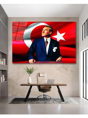 Marsilyan Sarı Çerçeve Görünümlü Atatürk Yan Portre Siyah Beyaz Cam Tablo