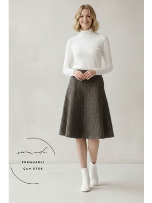 Sermoda Çan Etek - Hafif Likralı Kumaş Yüksek Bel Uzun Çan Etek Kahve