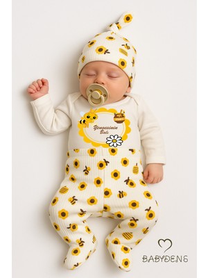 Babyden's Yengesinin Balı Yazılı 3lü Yenidoğan Takımı Arı Desenli Patikli Alt,bere,çıtçıtlı Uzun Kollu Body