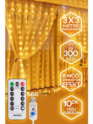 300 Ledli Sarkıt Perde Işık, Uzaktan Kumandalı, 8 Fonksiyon, 3X3M