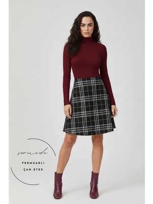 Sermoda Çan Etek - Hafif Likralı Kumaş Yüksek Bel Uzun Çan Etek Siyah Ekose
