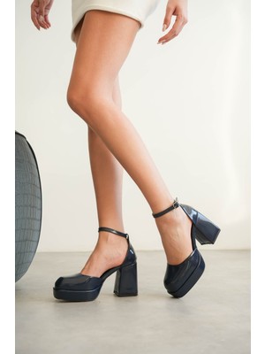 Moda Adam Kadın Gander Platformlu Topuklu Ayakkabı - Lacivert-Rugan