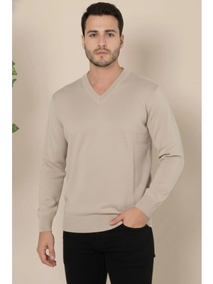 Velmora Fashion Erkek V Yaka Triko Kazak Yumuşak Dokulu Pamuklu Ince Dokuma, Uzun Kollu Rahat Regular Kalıp - Bej