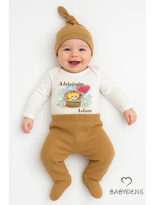 Babyden's Abisinin Aslanı Yazılı 3’lü Bebek Takımı Uzun Kollu Çıtçıtlı Body,fitilli Patikli Pantolon Şapka Set