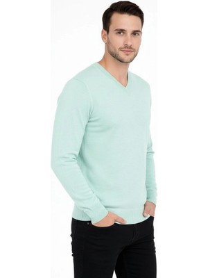Velmora Fashion Erkek V Yaka Triko Kazak Yumuşak Dokulu Pamuklu Ince Dokuma, Uzun Kollu Rahat Regular Kalıp - Mint Yeşili