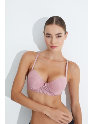 Hanuw Yağmur Desen Kol Dantelli Dolgulu Balenli Siyah Sütyen - Pamuklu