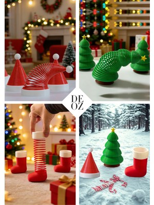 Deoz Lab 3’lü Slinky Yılbaşı Dekor Seti - Yaylı Ağaç + Yaylı Noel Şapkası + Yaylı Noel Çorabı
