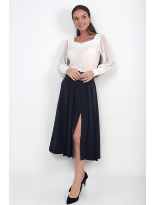 By Saygı Kadın Önü Yırtmaçlı Beli Kemerli Pileli Etek