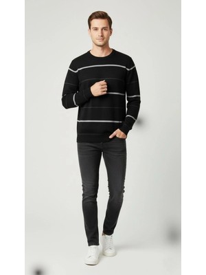 Velmora Fashion Erkek Bisiklet Yaka Cizgili Triko Kazak Yumuşak Dokulu Pamuklu Ince Dokuma, Uzun Kollu Rahat Regular Kalıp - Siyah