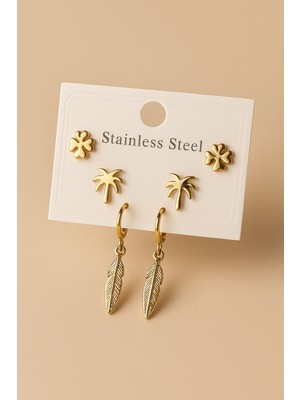 Stainless Steel Gold Renk Palmiye, Yonca ve Yaprak Figürlü Küpe Seti – 3’lü Kadın Küpe