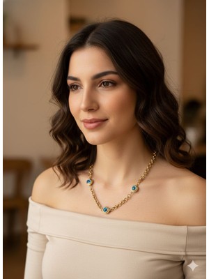 Çelik Takı Kadın Nazar Boncuk Detaylı Kalın Zincir Kararmaz Paslanmaz Çelik Kolye