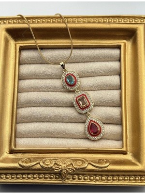 AYMİRA Altın Kaplama Kırmızı Mine Çerçeveli Renkli Zirkon Kolye