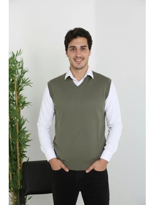 Velmora Fashion Erkek V Yaka Kolsuz Süveter Triko Kazak Yumuşak Dokulu Pamuklu Ince Dokuma Rahat Regular Kalıp - Haki
