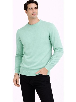 Velmora Fashion Erkek Bisiklet Yaka Triko Kazak Yumuşak Dokulu Pamuklu Ince Dokuma, Uzun Kollu Rahat Regular Kalıp - Mint Yeşili