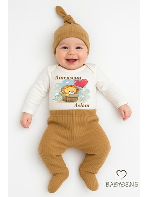 Babyden's Amcasının Aslanı Yazılı 3’lü Bebek Takımı Uzun Kollu Çıtçıtlı Body,fitilli Patikli Pantolon Şapka Set