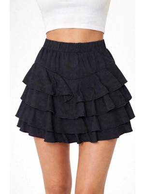 Kadın Siyah Katlı Mini Fırfıtlı Etek Lastikli Yüksel Bel, Volanlı Tasarım, Rahat Kalıp, Günlük ve Şık Kombinelere Uygun Yazlık Etek - Siyah