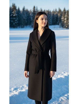 Moda Banuş Kadın Kuşaklı Cepli Yırtmaçlı Kaşe Kaban Pardesü