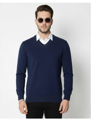 Erkek V Yaka Triko Kazak Yumuşak Dokulu Pamuklu Ince Dokuma, Uzun Kollu Rahat Regular Kalıp - Lacivert