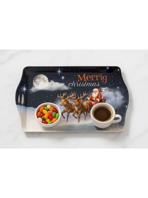 Atagift Hediyelik Merry Christmas Noel Baba & Geyik Desenli Küçük Boy 25X 16 cm Metal Tepsi – Yılbaşı Kahve ve Ikram Sunum Tepsisi