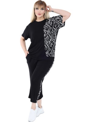Melsay Butik Siyah Kısa Kol Yarım Zigzag Garnili Viskon Kapri Takım