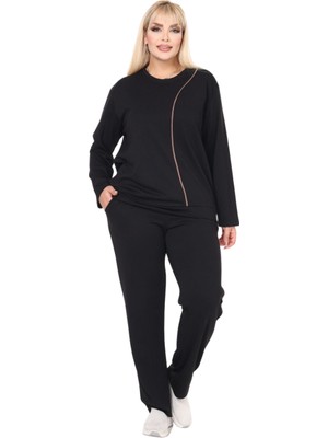 Melsay Butik Büyük Beden Siyah Kahve Çizgi Detay Modal Kadın Eşofman Takımı