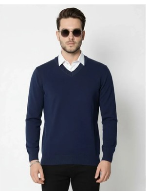 Erkek V Yaka Triko Kazak Yumuşak Dokulu Pamuklu Ince Dokuma, Uzun Kollu Rahat Regular Kalıp - Lacivert