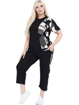 Melsay Butik Siyah Kısa Kol Yarım Barok Desen Viskon Kapri Takım