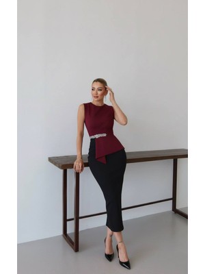 Kadın Asimetrik ve Taş Detay Abiye Elbise